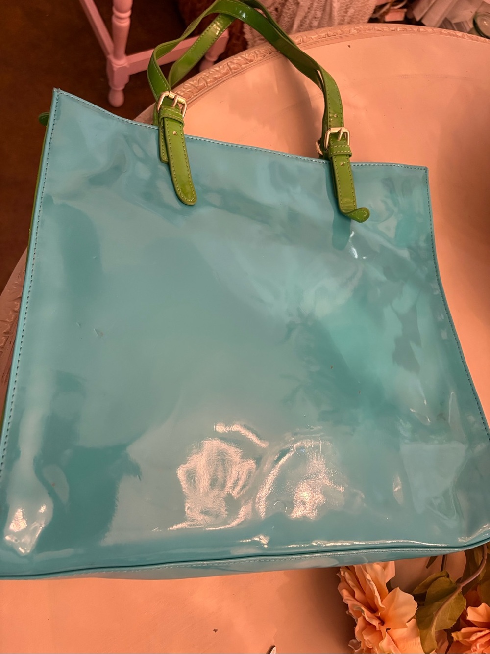 Chocolate Blue Patent Tote with Green Handles and Gold Studs - Picture 2 of 5